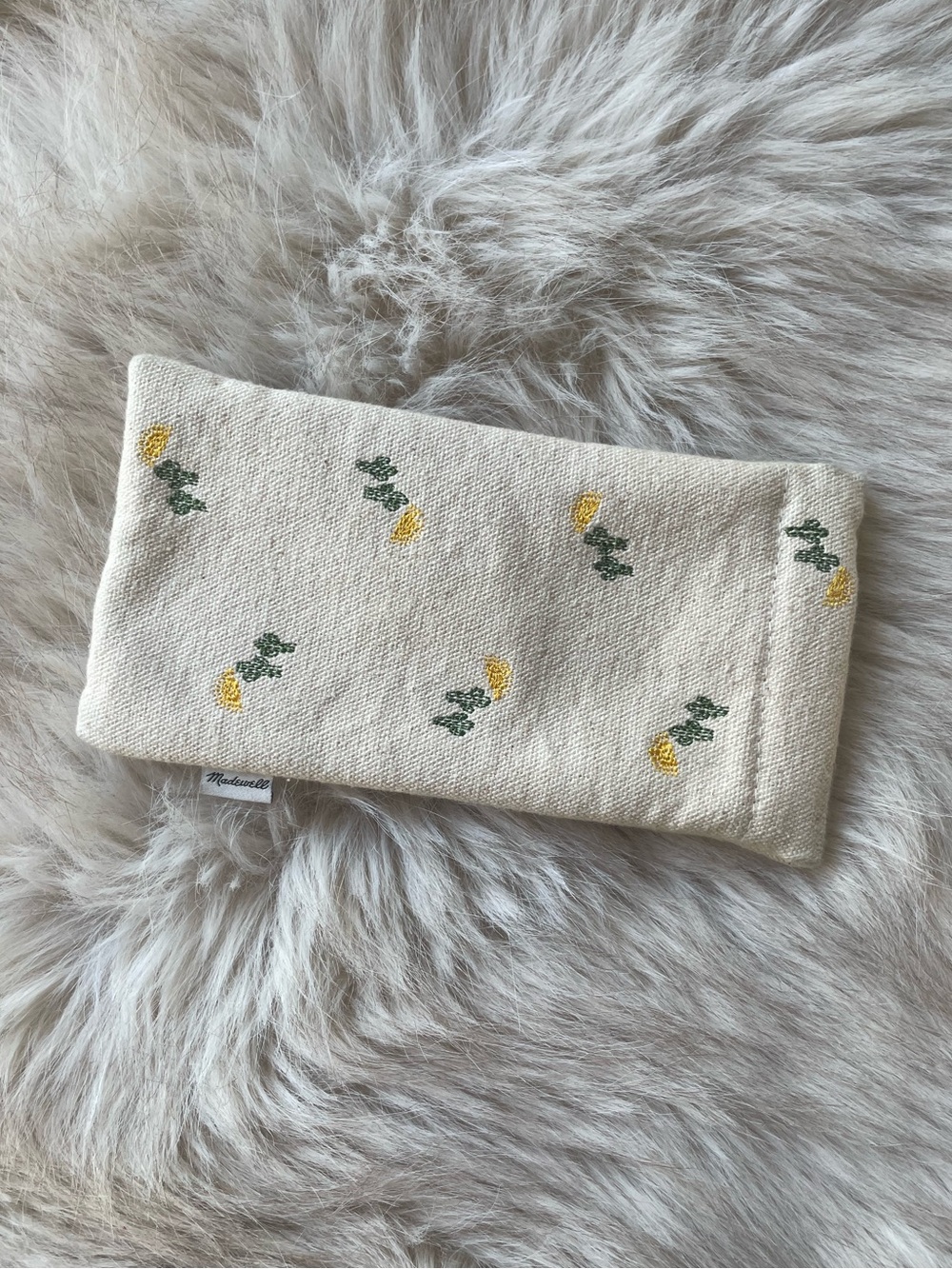 Madewell Cream Soft Sunglasses Case with Yellow Sun and Green Cacti Embroidery